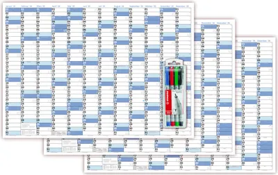 Produktbild von 3 Stück XL Wandkalender DIN A1 2026 blau, nass abwischbar inkl. Stifteset Kalender Format 59,4 x 84,1cm Jahresplaner Wandplaner gerollt