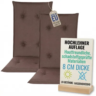 Produktbild von Pillows24 - 2x Hochlehner Auflagen 120x50x8 cm | Gesteppte Wetterfeste Gartenstuhlauflagen | Polster Sitzkissen für  Gartenmöbel |   EU | Braun