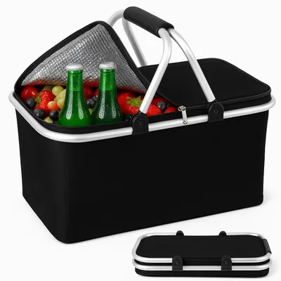 Zdjęcie produktu dla Kosz koszyk piknikowy składany termiczny 30 l na zakupy plażę biwak czarny zamykany wodoodporny