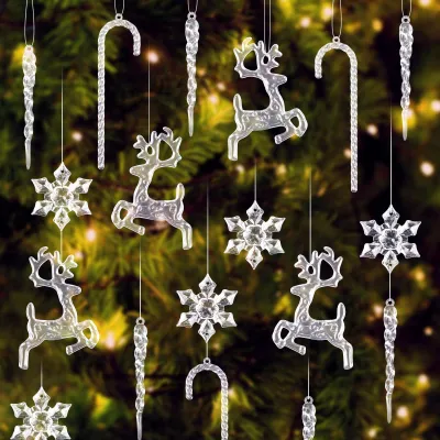 30 Weihnachtsanhänger Acryl transparent Schneeflocken Eiswürfel Elch