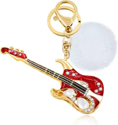 Immagine prodotto di Portachiavi a forma di chitarra con pompon, rosso, regalo per gli amanti della chitarra