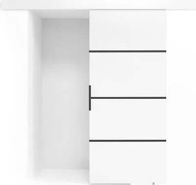 A white sliding door with black horizontal accents and a black handle, set against a white background.