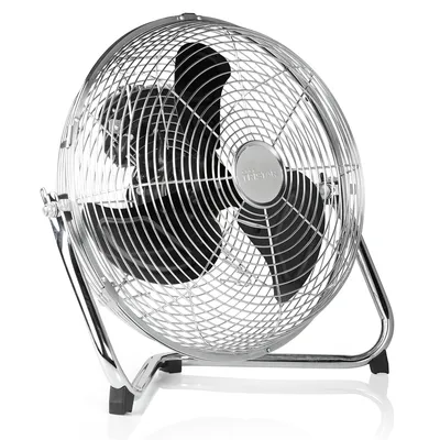 A chrome floor fan with black blades is shown against a white background.