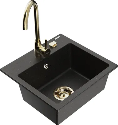 Produktbild von Mexen Milo 1-Becken-Granit-Spüle mit Mischbatterie Telma, Schwarz/Gold - 6505-75-670200-50