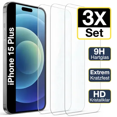 Produktbild von 3x iPhone 15 Plus Panzerglas Panzerfolie Displayschutz Schutzglas Echt Glas Schutzfolie Display Folie 9H