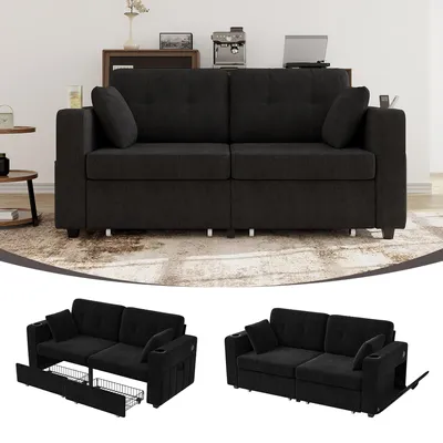 Produktbild von Moderne Polstercouch mit versteckten Fächern, 2-Sitzer Sofa mit Stauraumschubladen, USB Ladeanschluss, Getränkehalter & Seitentaschen