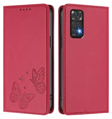 Produktbild von Lederhülle für Xiaomi Redmi Note 11S/Note 11 4G, Schmetterling Prägung Leder Brieftasche Schutzhülle mit Ständer Rot