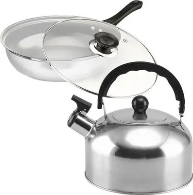 Produktbild von Kochtopfset - 11-Teilig - Edelstahl - Induktionsgeeignet - Wasserkocher - Spülmaschinengeeignet - Pfanne - Kochtopf - mit Deckeln
