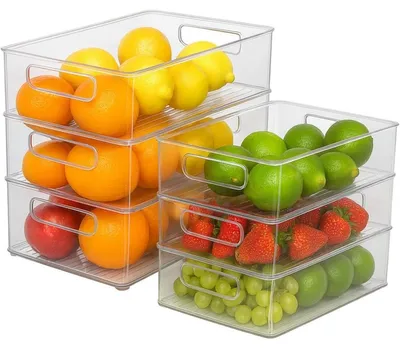 Obrázek produktu pro Organizéry do lednice, 6 kusů, průhledné nádoby na potraviny, stohovatelné úložné boxy z PET plastu, vhodné do lednice a spíže