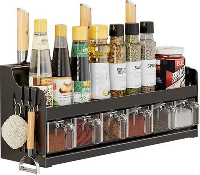 Immagine prodotto di Famanu, scaffale a parete per erbe aromatiche, sistema di organizzazione versatile per la cucina - nero, 6 contenitori