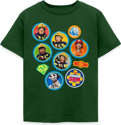 Produktbild von Spreadshirt Feuerwehrmann Sam™ Patch-Design Vom Ganzen Team Kinder T-Shirt, 110/116 (5-6 Jahre), Forstgrün