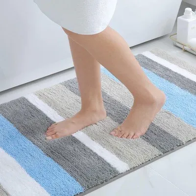 Immagine prodotto di Tappetino da bagno antiscivolo, morbido, lucido, assorbente, lavabile, in microfibra, 60 x 90 cm, blu e bianco
