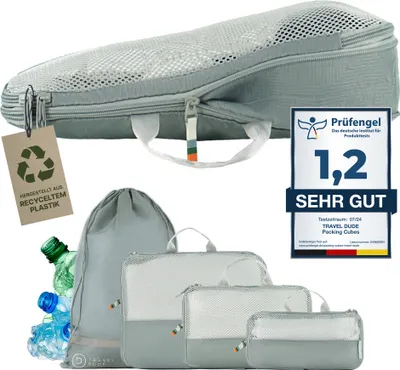 Produktbild von TRAVEL DUDE Packwürfel Set mit Kompression aus recycelten Plastikflaschen | Leichte Packing Cubes | Packtaschen Set (Stahl Blau, 4-teilig)