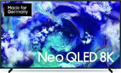 A Samsung Neo QLED 8K TV displaying abstract colorful imagery.