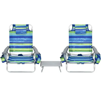 Produktbild von GOPLUS Strandstuhl, 2er Campingstuhl & Tisch Set mit Rückenlehne 5 stufig verstellbar, Kopfstütze & Armlehnen, Klappstuhl Faltstuhl leicht tragbar mit Schultergurten für Strand (Blau+Grün)