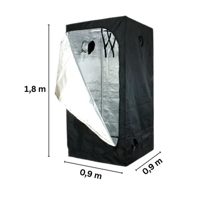A black grow tent with its front flap open, showing a reflective interior. Dimensions are indicated with text labels.