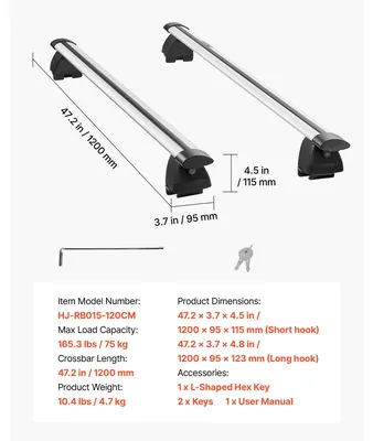 Obrázok produktu pre Nosné priečky na strešný nosič, nosnosť 75 kg, univerzálna kompatibilita, 165 libier, 120 cm