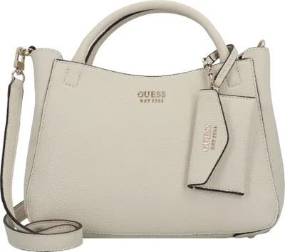 A cream-colored Guess handbag is shown against a white background.
