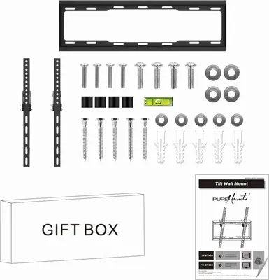 A flat lay of a TV wall mount kit and its components, along with an instruction manual and a gift box.