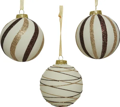 Produktbild von Weihnachtskugeln Glas 8cm Streifen Muster 12er Set Wollweiß / Braun