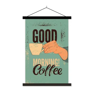Produktbild von MuchoWow® Textilposter Kaffee - Retro - Zitate - Guten Morgen! Kaffee - Sprichwörter 60x90 cm mit schwarzem Rahmen - Poster Wohnzimmer