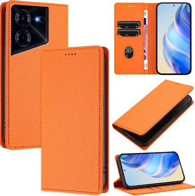 Produktbild von Litchi Leder Handyhülle für Tecno Pova 5 Pro 5G Wallet Kartenfächer Standfunktion Hülle Orange