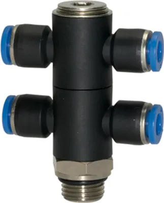 Produktbild von Riegler T-Mehrfachverteiler »Blaue Serie«, 4-fach drehbar, G 3/8 a. Ø 10mm