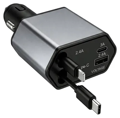USB-C-Autolader 120 W, einziehbares Kabel, 4 Anschlüsse, schwarz