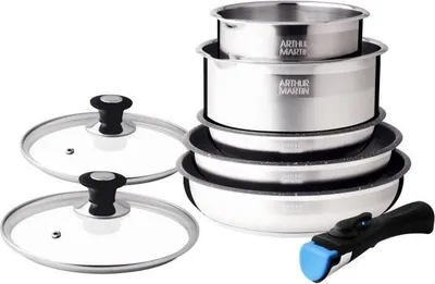 Image de Batterie de Cuisine Arthur Martin AM2493, 8 Pièces, Acier Inoxydable, Poignée Amovible, Tous Feux dont Induction