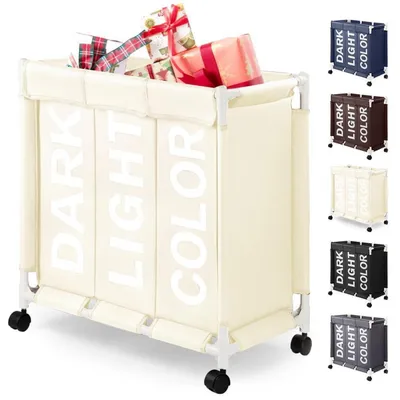 Obrázek produktu pro Koš na prádlo na kolečkách, objem 90 litrů, 3 přihrádky s víkem, barva béžová, materiál Oxford, rozměry 61 x 34 x 69 cm