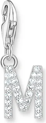 A silver charm in the shape of the letter 'M', encrusted with clear stones, hangs from a silver clasp.