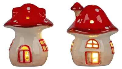 Produktbild von 2er Set Deko Pilze HERBST mit LED Licht H. 11cm weiß rot Steingut Formano H25