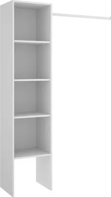 A white open wardrobe structure with shelves and a hanging rail.