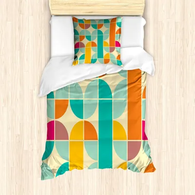 Produktbild von ABAKUHAUS Retro Bettbezug Set, Pop-Art-flippige ungewöhnliche geometrische Form-Mosaik-Art-altmodische künstlerische Grafik, 135 x 200 cm + 80 x 80 cm, Mehrfarbig