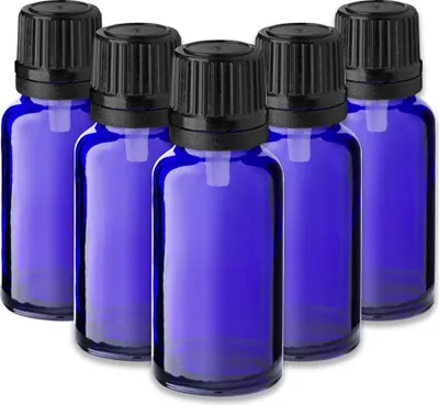 Produktbild von 5x Blaue Glasflasche 20 ml mit schwarzem Tropfeinsatz​ Tropfer 18 mm