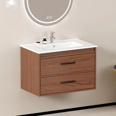 Image de Meuble de salle de bains de 75 cm, couleur rouge-brun. Meuble offrant un grand espace de rangement – 2 tiroirs