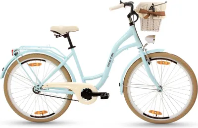 Produktbild von Goetze Style 26 Zoll City Bike, 43 cm Tiefeinsteiger, 1-Gang mit Rücktrittbremse hinten & V-Bremse vorne, LED-Beleuchtung, Rattankorb mit Bezug