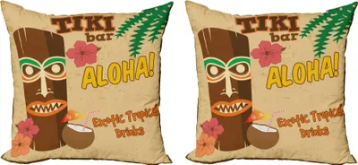 Zdjęcie produktu dla Zestaw poszewek na poduszki ABAKUHAUS Tiki Bar (2 szt.), nadruk w stylu kreskówkowym z egzotycznymi koktajlami i napisem Aloha! 50 x 50 cm, wielokolorowy