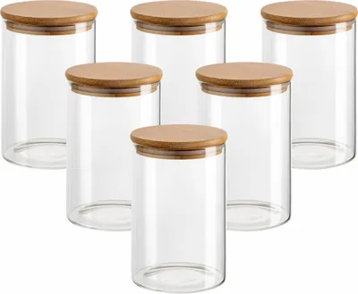 Produktbild von gouveo 6er Set Vorratsdose 250 ml rund aus Borosilikatglas mit Holz-Deckel - Praktischer Glasbehälter für Küche, Haushalt