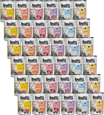 Obrázok produktu pre BULTI | Krmivo pre mačky – zmes príchutí – súprava mokrého krmiva, 36 konzerv po 400 g – zmes mokrého krmiva pre mačky