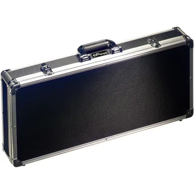 A black guitar case with silver trim and latches, shown from a slightly elevated angle against a white background.