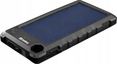 A black Sandberg Outdoor Solar Powerbank 10000 with a blue solar panel on top, shown at an angle on a white background.