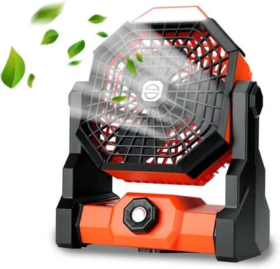 Immagine prodotto di Ventilatore portatile da campeggio con luce LED, orientabile a 270°, 8 velocità, doppio motore, USB-C, batteria ricaricabile per campeggio e viaggi, arancione