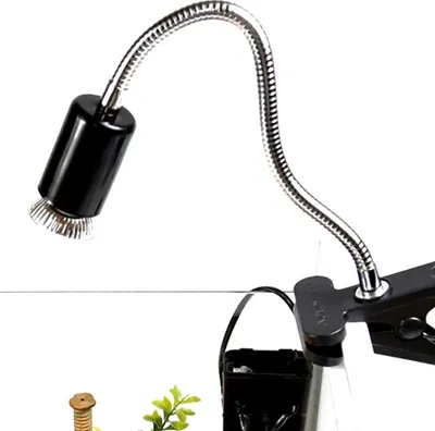 A close-up of a black lamp with a flexible silver gooseneck arm, attached to a black clip.