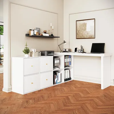 Produktbild von STILVORA Ecktisch mit 360° schwenkbarer Tischplatte, Schreibtisch L-förmig oder gerade aufstellbar mit 4 Fächern und 4 Schubladen, Computertisch Weiß