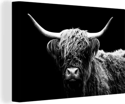 Produktbild von OneMillionCanvasses® - Leinwandbilder - 140x90 cm, Schottisches Hochlandrind - Kuh - Schwarz - Weiß - Tiere, Wandbilder Kunstdruck Wanddekoration - Foto auf Leinwand - Gemälde auf