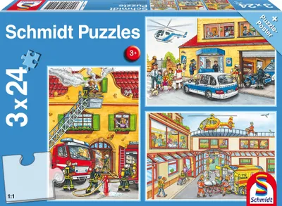Image de 3 x 24 pièces Schmidt Spiele Kinder Puzzle Feuerwehr und Polizei 56215