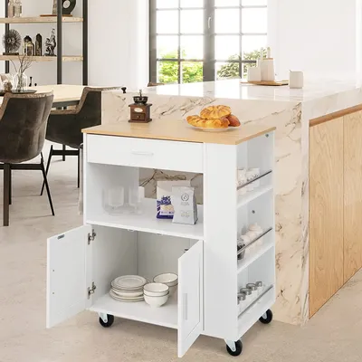 A white kitchen cart with a wooden top is shown in a kitchen setting.