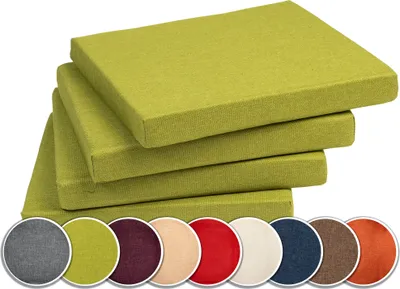 A stack of four green seat cushions is shown, with a row of color swatches below.