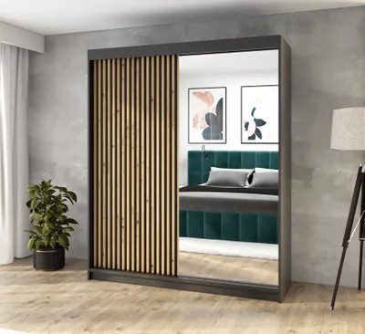 Produktbild von Schwebetürenschrank, 2-türig Schrank mit Spiegel und 3D-Lamellen Premum!! Moderne Garderobefür Kleidung. Schwarzer Kleiderschrank MIT 120 cm.